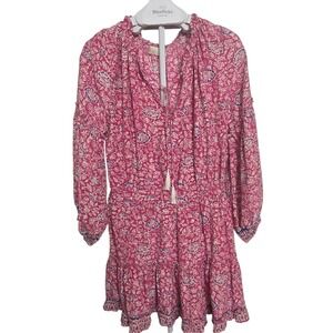 Natalie Martin Pink Floral Silk Mini Dress Smocked Waist Boho‎ Tassel M Women's